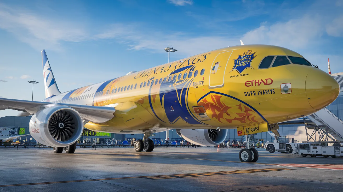 discover the new aircraft in the iconic colors of chennai super kings, launched by etihad airways. a symbol of innovation and passion for cricket, this aircraft attracts fans and travelers alike. immerse yourself in the world of sports while traveling in style!