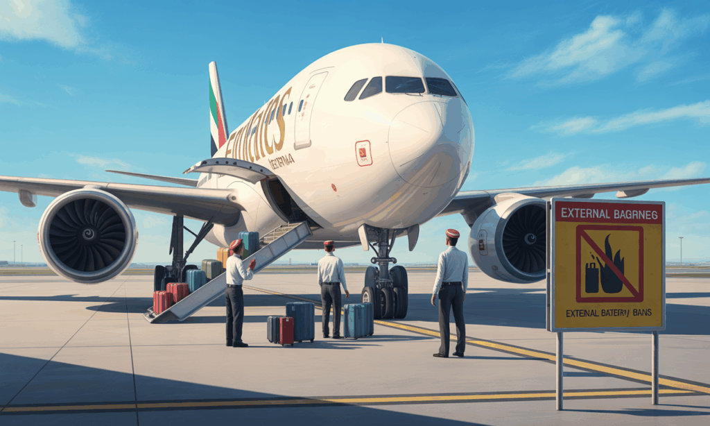 emirates bans external batteries (power banks) on board to prevent fire hazards. updated rules, authorized items and alternatives.